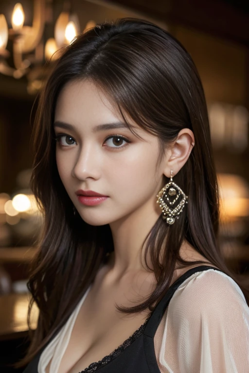 masterpiece, Highest quality, Realistic, Very detailed, Finer details, High resolution, 8k wallpaper, One beautiful woman, Wear a black see-through shirt, In a great restaurant, At night, Light brown messy hair, Perfect dynamic composition, Beautiful and beautiful eyes、Big earrings