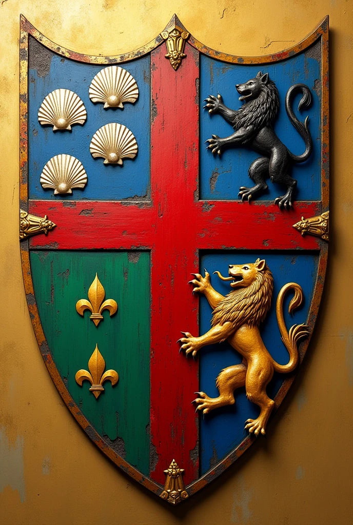 Create a shield for the Bolaños and Chacon families, with a red Calatrava cross charged with five silver scallops and azure and silver wave tips, rampant lion and the green tablecloth, goat on a field of gold, golden fleur-de-lis and a black wolf of saple, with the colors red, dorado, blue and green