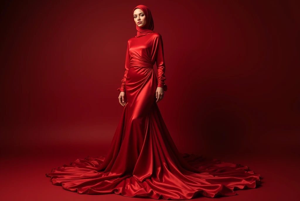 An alluring woman shrouded in a 4-meter-long, plush red satin cloth, tightly bound and grandly draping along the form of her body, flowing off into a pooled floor-length train, arm and leg tied in satin fabric, strugle to move, styled in a mermaid-inspired outfit, her head modestly veiled in a satin hijab, shiny fabric, a full-body pose conveying a sense of mysterious elegance, captured in a 4k resolution, ultra-realistic