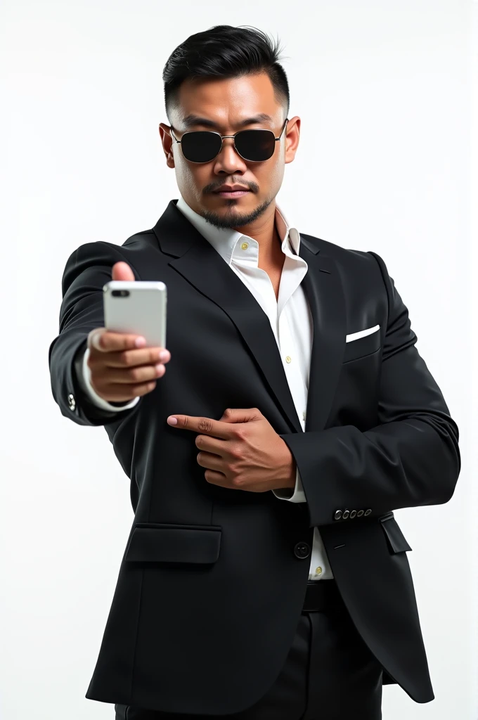 Asian strong buff man(He is strong,buff,confident, wears a suit and sunglasses and look fearless holding phone.)showing phone with white background