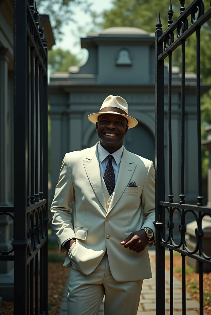 create a black guy with a hat and a white suit, giggling. make it behind a cemetery
