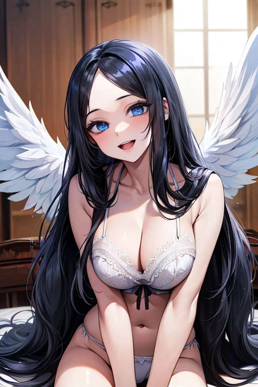 (((forehead))), (((white angel wings))),Very detailed、highest quality、Best image quality、masterpiece、8k、Anime Face、A kind smile、Open Mouth、((black long hair:1.5))、big breast, sexy、 beautiful body 、Cowboy Shot, Sexual Intercourse, ((blue eyes)), hotel bedroom, (((white lingerie))