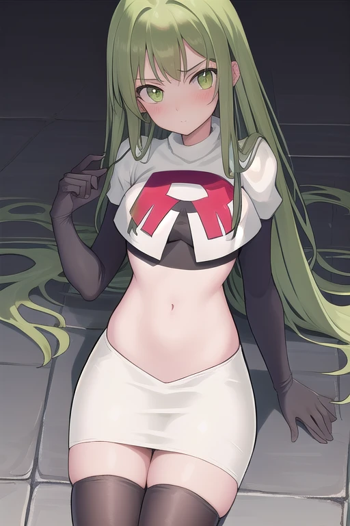 masterpiece, best quality, 1girl, solo, looking at viewer, blush, sitri, green eyes,green hair,team rocket,team rocket uniform,white skirt,red letter R,crop top,black thigh-highs,black elbow gloves