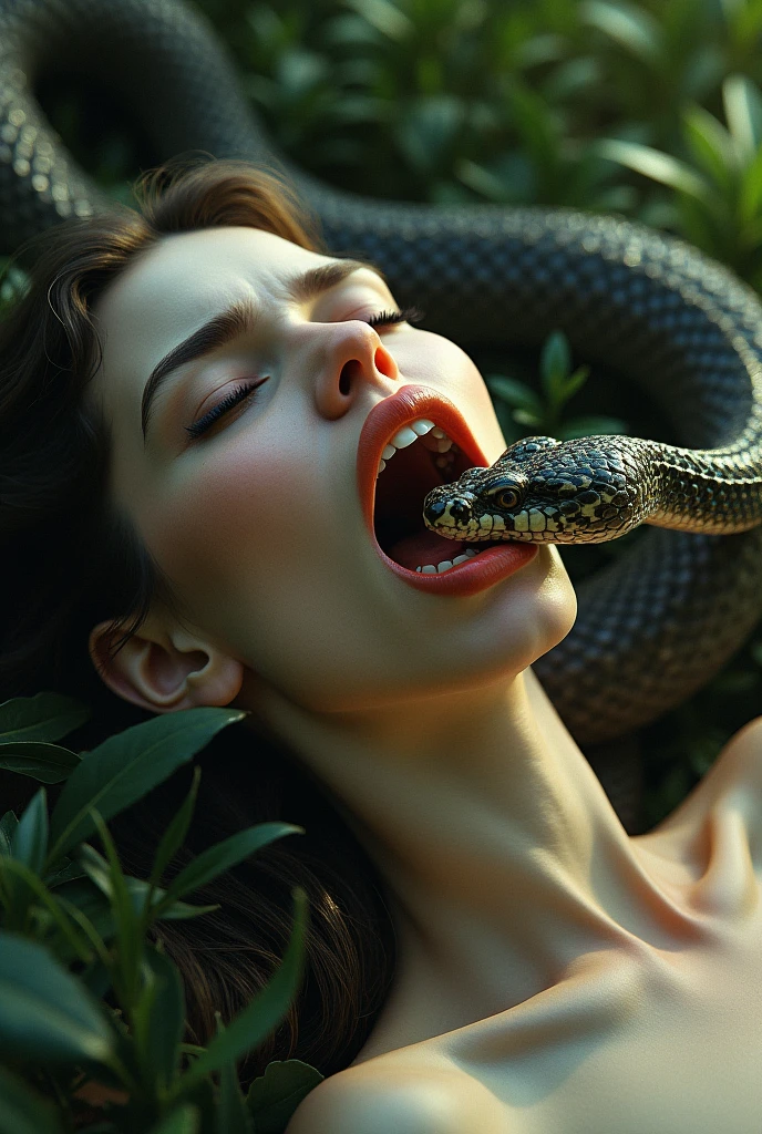 a hermaphrodite being with androgynous features about to swallow a snake. on the body of the snake is written the words: resentment
