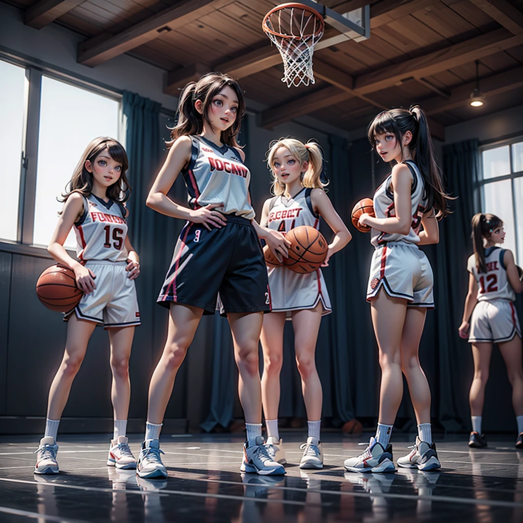 ExtremelyDetailed (((Basketball Team Girls in a row:1.4))), Childish perfect face, Reflective Eyes, Detailed(Delicate Clothing textures), Corrected Leg to Foot Line, Corrected Perfect Hand, Dynamic Joyful Expressions LifeLike Rendering, ((Specular Reflection:1.28)), TopQuality 8K Ultra-detailed masterpiece (ProfessionalPhoto:1.37)(Acutance:0.8),(Luminism:1.22), ((Changing Clothes Exposed Underwear))