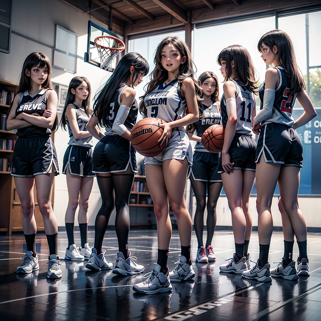 ExtremelyDetailed (((Basketball Team Girls in a row:1.4))), Childish perfect face, Reflective Eyes, Detailed(Delicate Clothing textures), Corrected Leg to Foot Line, Corrected Perfect Hand, Dynamic Joyful Expressions LifeLike Rendering, ((Specular Reflection:1.28)), TopQuality 8K Ultra-detailed masterpiece (ProfessionalPhoto:1.37)(Acutance:0.8),(Luminism:1.22), ((Changing Clothes Exposed Underwear))
