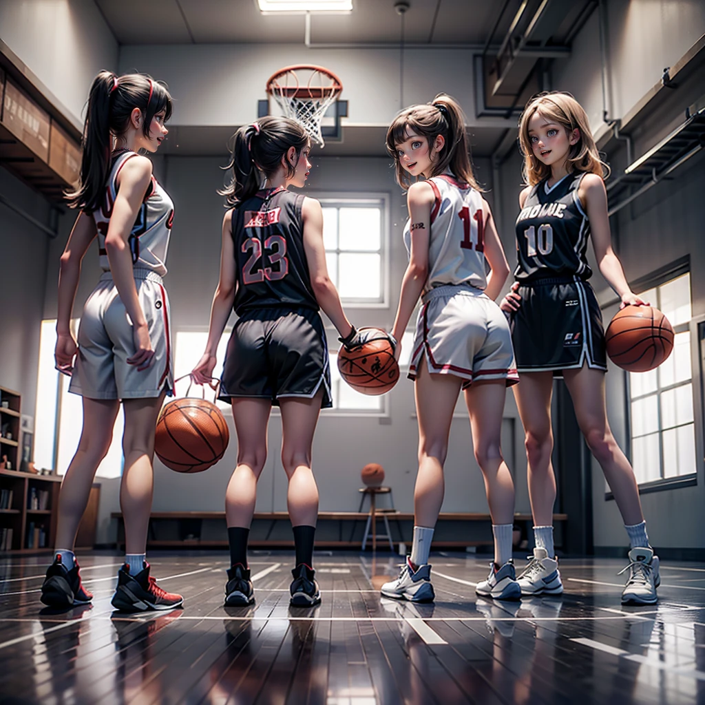 ExtremelyDetailed (((Basketball Team Girls in a row:1.4))), Childish perfect face, Reflective Eyes, Detailed(Delicate Clothing textures), Corrected Leg to Foot Line, Corrected Perfect Hand, Dynamic Joyful Expressions LifeLike Rendering, ((Specular Reflection:1.28)), TopQuality 8K Ultra-detailed masterpiece (ProfessionalPhoto:1.37)(Acutance:0.8),(Luminism:1.22), ((Changing Clothes Exposed Underwear))