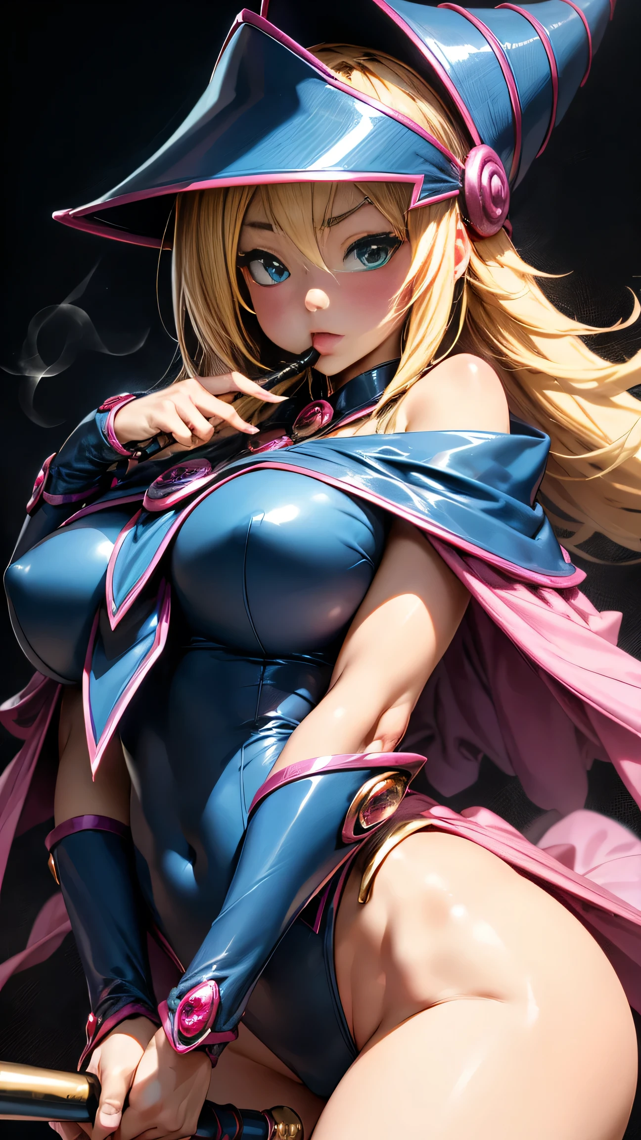 black magician girl、super chestousthick、very blonde hair、magic circle、8k, 4k, of the highest quality, High resolution: 1.2),flicker、an exposed breast、cute anime face、pink blush on the cheeks.、noise removal、Leotard that bites、have a cane、Hold your cane、