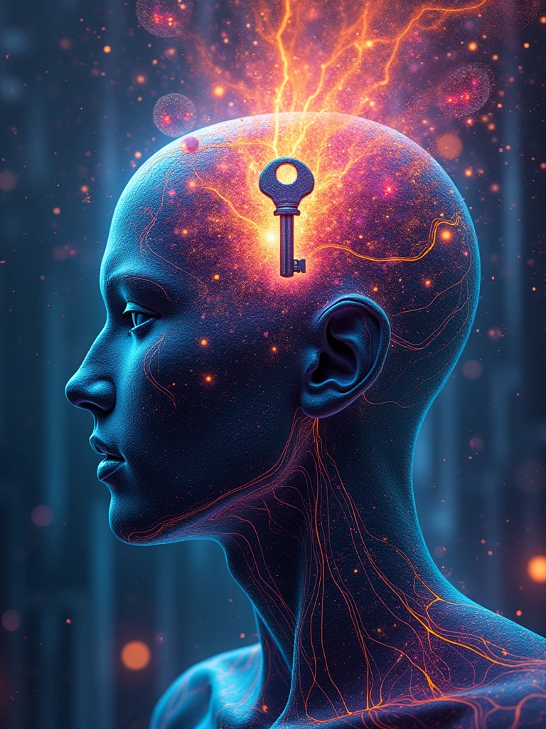 Human head ,mind being opened , by futuristic key , key to knowledge , curiosity key , with vibrant colors , bright coloured , com tons de vermelho , brain explosion , unlimited key , information brain , psyshedelic