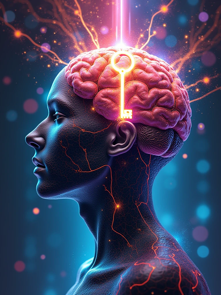 Human head ,mind being opened , by futuristic key , key to knowledge , curiosity key , with vibrant colors , bright coloured , com tons de vermelho , brain explosion , unlimited key , information brain , psyshedelic