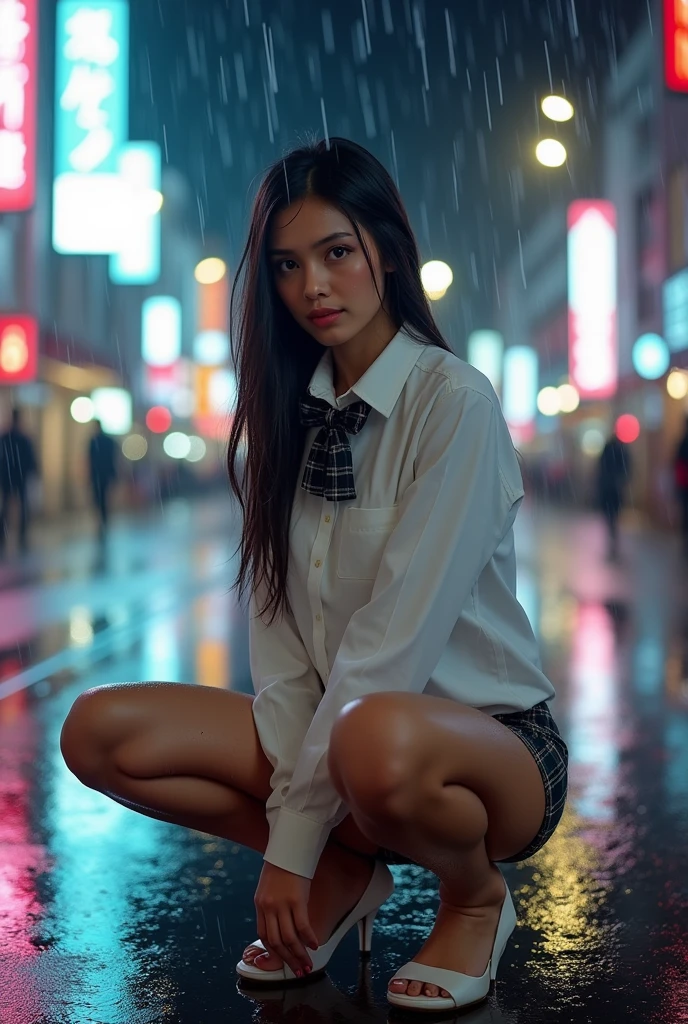 (Highest quality、8k、High resolution、masterpiece:1.2)、Young and beautiful woman、(Correct Anatomy)、(Spread your legs)、(Squat)、(Excited expression)、(White shirt、A bow tie、tartan mini skirt、White panties:1.3)、(heavy rain:1.7)、(Motion Blur Effect:1.55)、(Wet body:1.55)、Busy street at night、neon、(Looking into the camera)、Mina Tali Woma、cr1r3、Ahad
