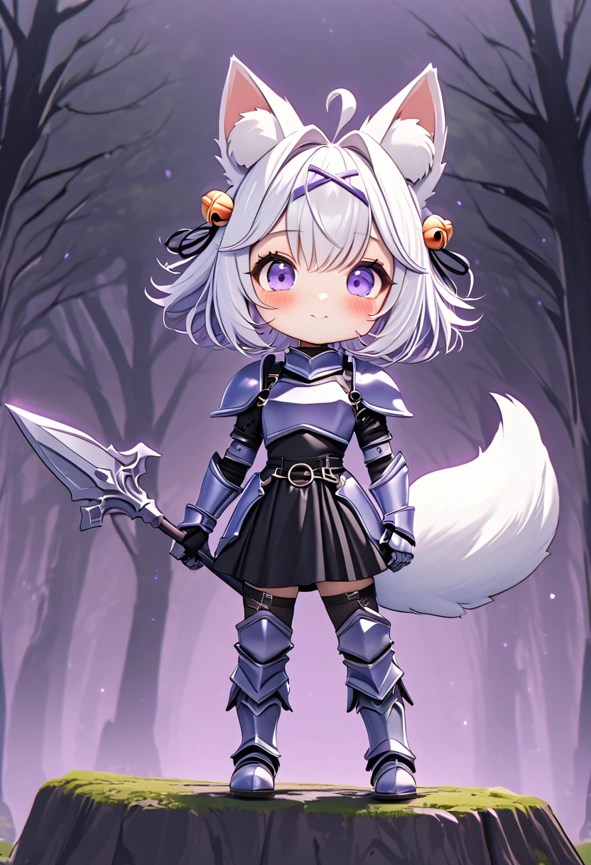 master piece, best quality, ultra-detailed, illustration, 1girl, solo, chibi, (big head), cute pose, front view, looking at viewer, ((full body Close up)), filian, filianoverall, Filiansailor, ((white hair)) , short hair, shoulder length hair, fly-away hair, (purple hair ornament:1.3), bangs, (purple hairclip:1.3), cat ears, (hair bell:1.3) ahoge, purple eyes, blush, smiling, (fluffy fox tail), ((spear knight outfit)), knight's armor, metal breastplate, armored gloves, holding a spear , metal greaves, armored boots, spooky forest background, gloomy atmosphere, broken trees