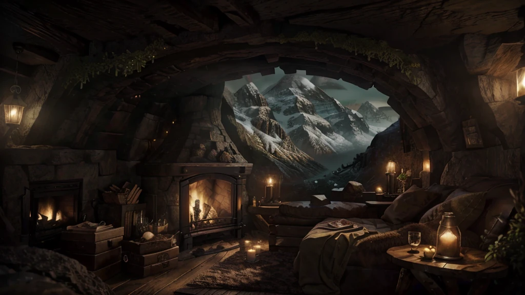 a view of a fireplace with a mountain view through it, magical environment, cosy enchanted scene, fantasy setting, beautiful fantasy cave scene, atmospheric fantasy setting, interior of a hobbit hole, fantasy scenic, detailed scenery, cozy place, in his hobbit home, fantasy scene, impressive fantasy landscape, cozy environment, fantasy matte painting，cute, detailed scenic view, magical landscape