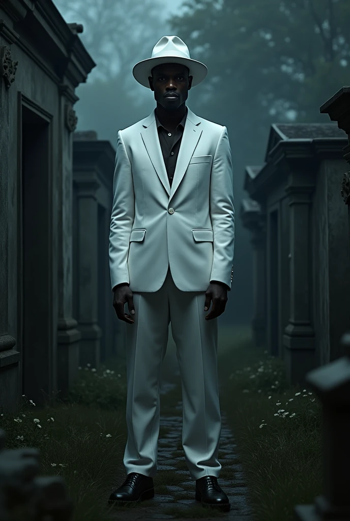 create a black guy with a hat and a white suit. make him behind a cemetery at night, with a sense of mystery