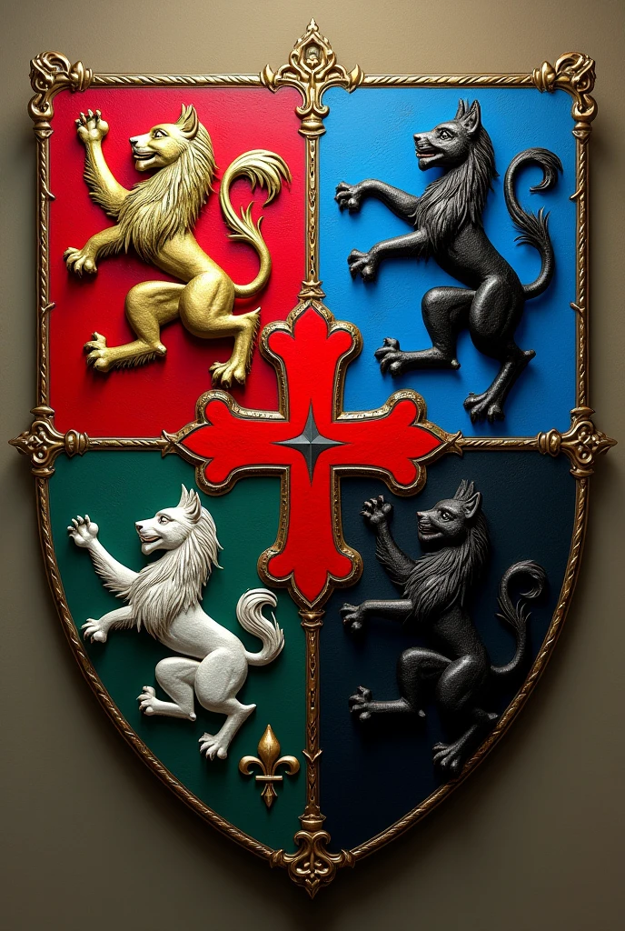 Create a family shield divided into four, with a red Calatrava cross charged with five silver scallops and azure and silver wave tips, rampant lion and the green tablecloth, goat on a field of gold, golden fleur-de-lis and a black wolf of saple, with the colors red, dorado, blue and green