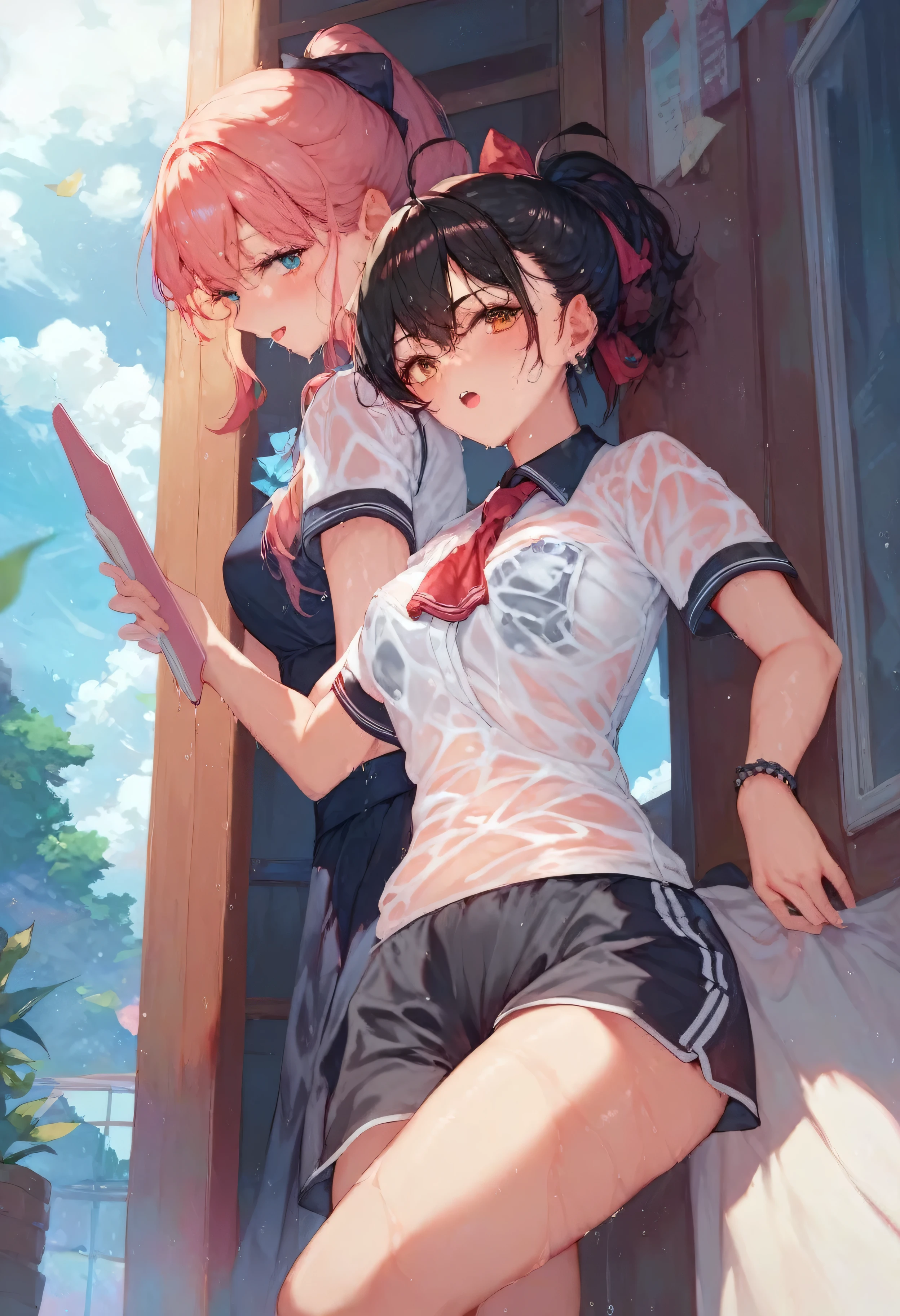 2girls,roromiya,ririchiyo,sheer track uniform,ascot, wet, masterpiece, best quality