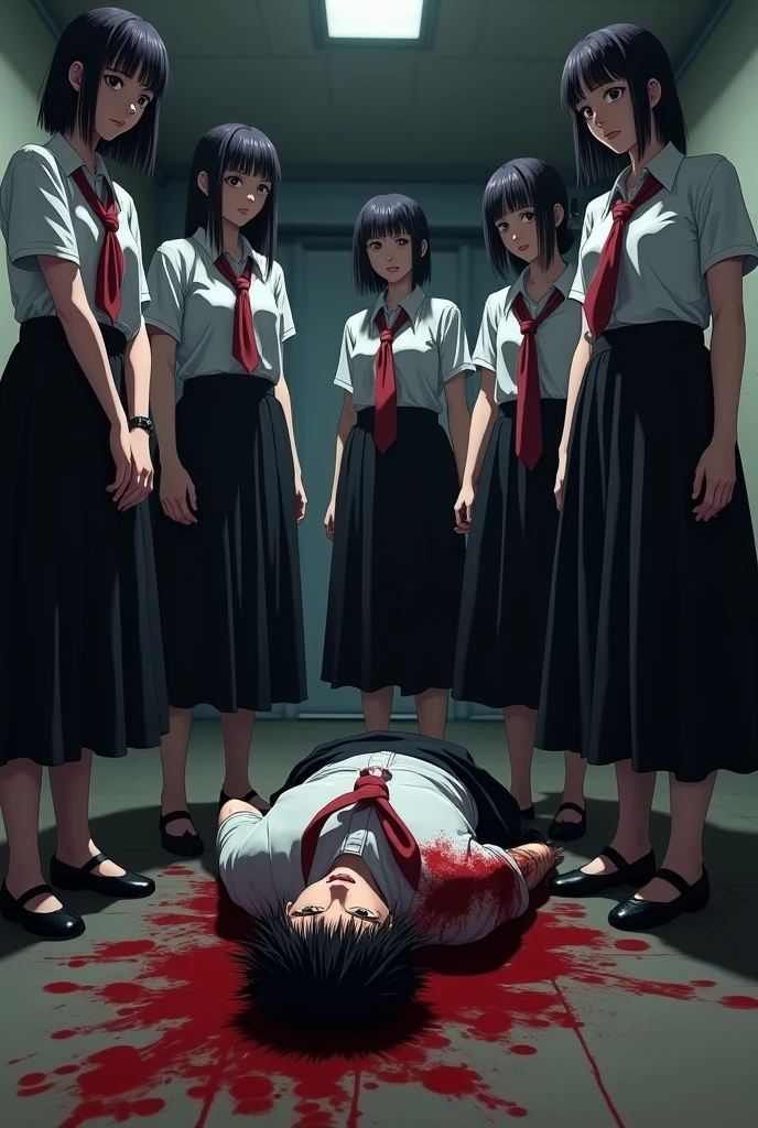 Group of school girls in long black skirts stepping on bloody boy's head in anime
