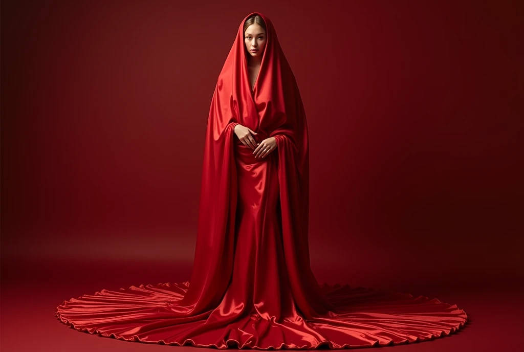 An alluring woman shrouded in a 4-meter-long, plush red satin cloth, tightly bound and grandly draping along the form of her body, flowing off into a pooled floor-length train, arm and leg tied in satin fabric, strugle to move, styled in a mermaid-inspired outfit, her head modestly veiled in a satin hijab, shiny fabric, a full-body pose conveying a sense of mysterious elegance, captured in a 4k resolution, ultra-realistic