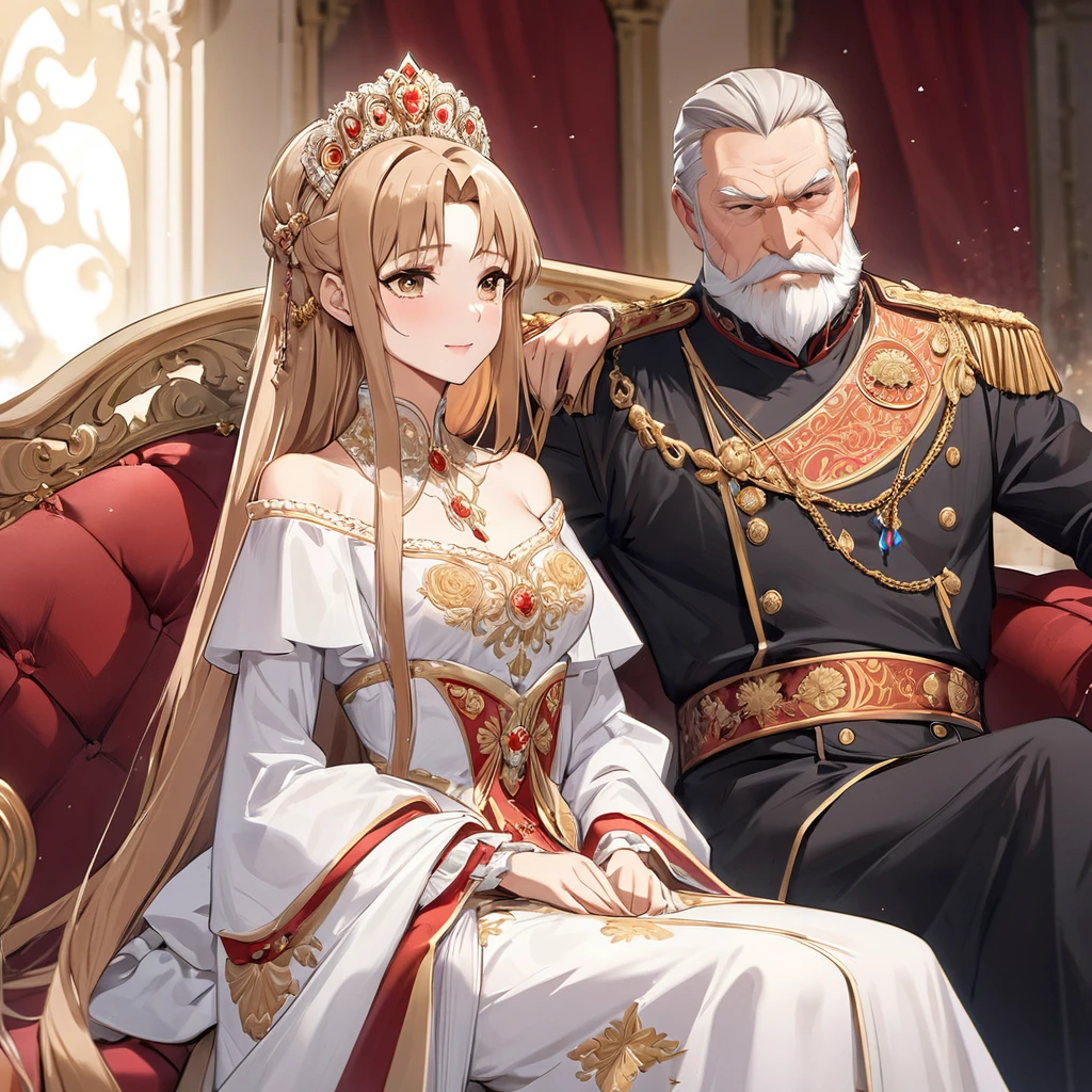 ((Highest quality)), ((masterpiece)), (detailed), (Perfect Face)、The woman is Yuuki Asuna, a Russian with light brown, medium-long hair, an elegant, graceful and beautiful Russian noblewoman, and the Empress of the Great Russian Empire.、The woman is beautifully dressed in the gorgeous and glittering gold-colored Russian court dress of an ancient Russian empress, with gorgeous accessories, and a beautiful and luxurious kokoshnik.、The woman is standing next to a great and imposing old Russian emperor with a beard.、The woman sits cozy with the great Russian emperor on a luxurious sofa in the palace.、A woman is hugging and kissing the great old Russian emperor on a luxurious sofa in the palace, sitting happily close to him. The loving elderly emperor and his young and beautiful empress couple