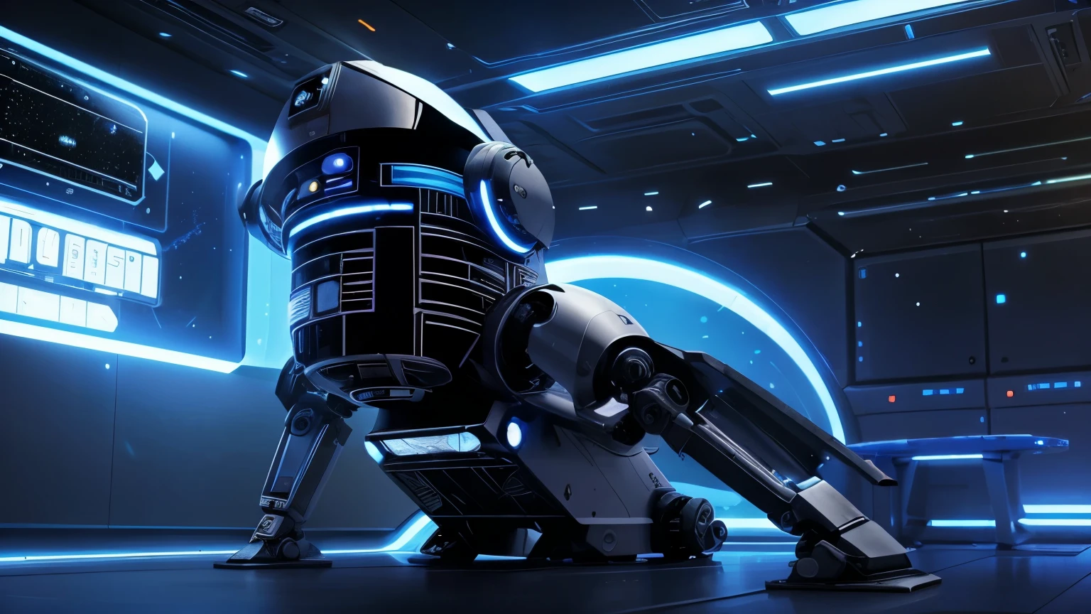 Create an image of a futuristic, friendly robot resembling R2-D2 from Star Wars but with a unique twist. The robot should have a sleek, metallic body with high-tech features like glowing blue lights and advanced communication screens. The background should be a sci-fi setting with holograms and stars, suggesting an advanced galaxy or a space station with yellow and white lights in background.