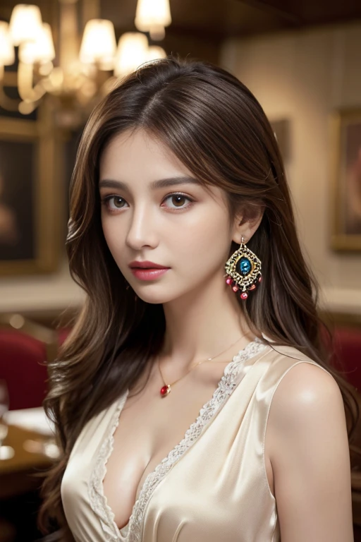 masterpiece, Highest quality, Realistic, Very detailed, Finer details, High resolution, 8k wallpaper, One beautiful woman, Wear a classy colorful silk shirt, In a great restaurant, At night, Light brown messy hair, Perfect dynamic composition, Beautiful and beautiful eyes、Big earrings、chest、Sleeveless shirt、