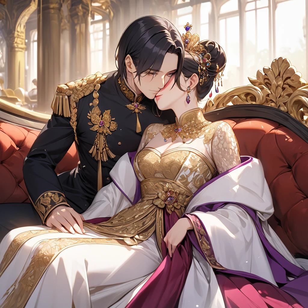 ((Highest quality)), ((masterpiece)), (detailed), （Perfect Face）、The woman is Shinobu Kocho, a Russian with black hair with purple gradient ends, tied in a bob hairstyle, an elegant, graceful and beautiful Russian noblewoman, and the Empress of the Great Russian Empire.、The woman is beautifully dressed in the gorgeous and glittering gold-colored ancient Russian court dress of an ancient Russian empress, accessorized with luxurious accessories and kokoshniks.、The woman is standing next to a great and dignified old Russian emperor.、A woman is sitting on a luxurious sofa in a palace hugging and kissing a great old Russian emperor, looking happy and in love、The woman loves the emperor with all her heart.