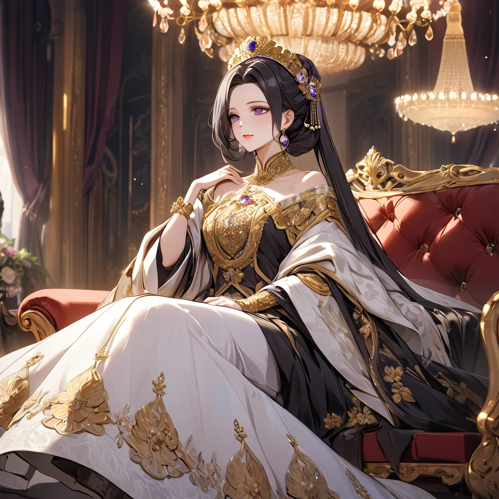 ((Highest quality)), ((masterpiece)), (detailed), （Perfect Face）、The woman is Shinobu Kocho, a Russian with black hair with purple gradient ends, tied in a bob hairstyle, an elegant, graceful and beautiful Russian noblewoman, and the Empress of the Great Russian Empire.、The woman is beautifully dressed in the gorgeous and glittering gold-colored ancient Russian court dress of an ancient Russian empress, accessorized with luxurious accessories and kokoshniks.、The woman is standing next to a great and dignified old Russian emperor.、A woman is sitting happily and affectionately with a great old Russian emperor on a luxurious sofa in a palace, hugging and kissing him、The woman loves the emperor with all her heart.