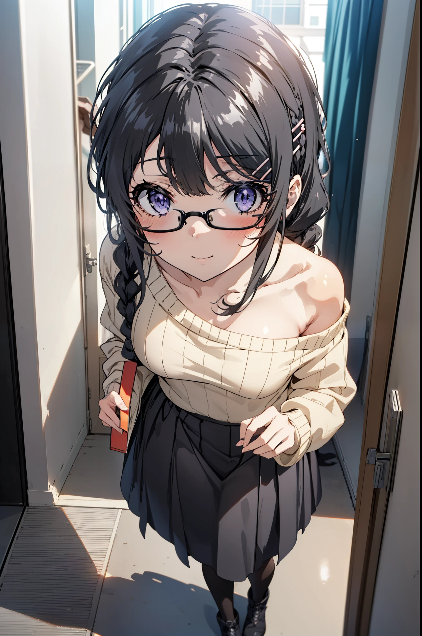 1 person, , White camisole, clavicle, indoor, room, 1 window, night lighting, masterpiece, high quality, Black Hair, Braiding, Van, A sad expression seen from above, , (((Flat Chest))), Very good, thin, Glasses, Arms raised, clutching the hair, Realistic, Super Resolution