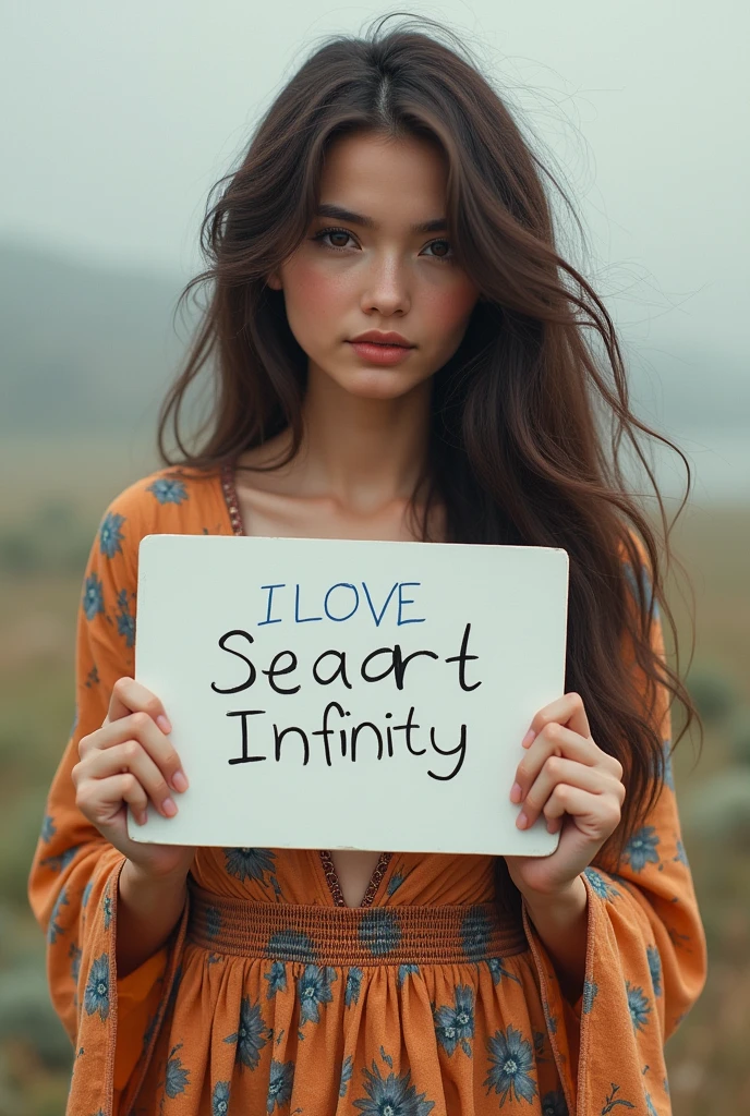 Beautiful girl with wavy long hair, bohemian dress, holding a white board with text "I Love Seaart Infinity" and showing it to the viewer