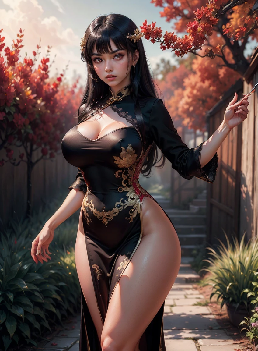(masterpiece, anime, best quality, perfect face, (beautiful and aesthetic:1.4), highest detailed face), (dark fantasy illustration:1.3), (gorgeous martial artist woman, ((in a very revealing black and golden cheongsam dress)), ((long silky black hair with bangs), (fake breasts), narrow waist, (thick thighs), flawless skin, (red eyes:1.3)), (in garden), (standing pin-up pose:1.2), full body shot, looking at viewer, (solo:1.3), (elegant, intricate, detailed digital anime art, high quality, 4k, extremely detailed, sharp, CG, hyper realism, dramatic light, HDR),