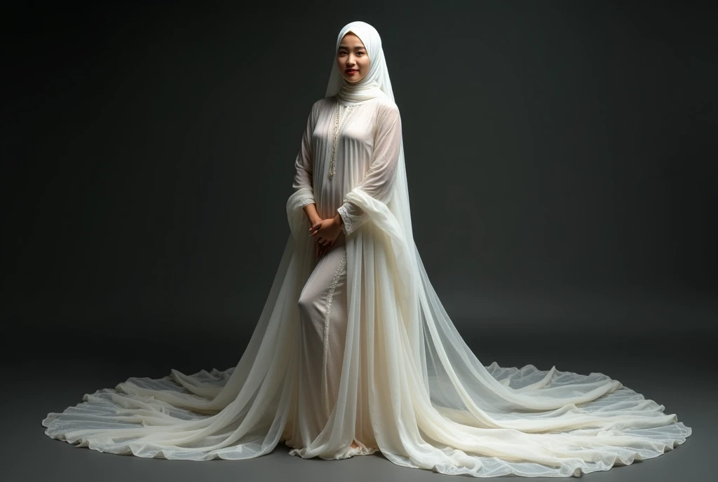 Asian woman wrapped in a transparent cloth mimicking a mermaid gown with a striking large train, the cloth clings tightly to her figure, incorporates a hijab, standing with poise, dramatic lighting, volumetric textures, ultra realistic, golden ratio.