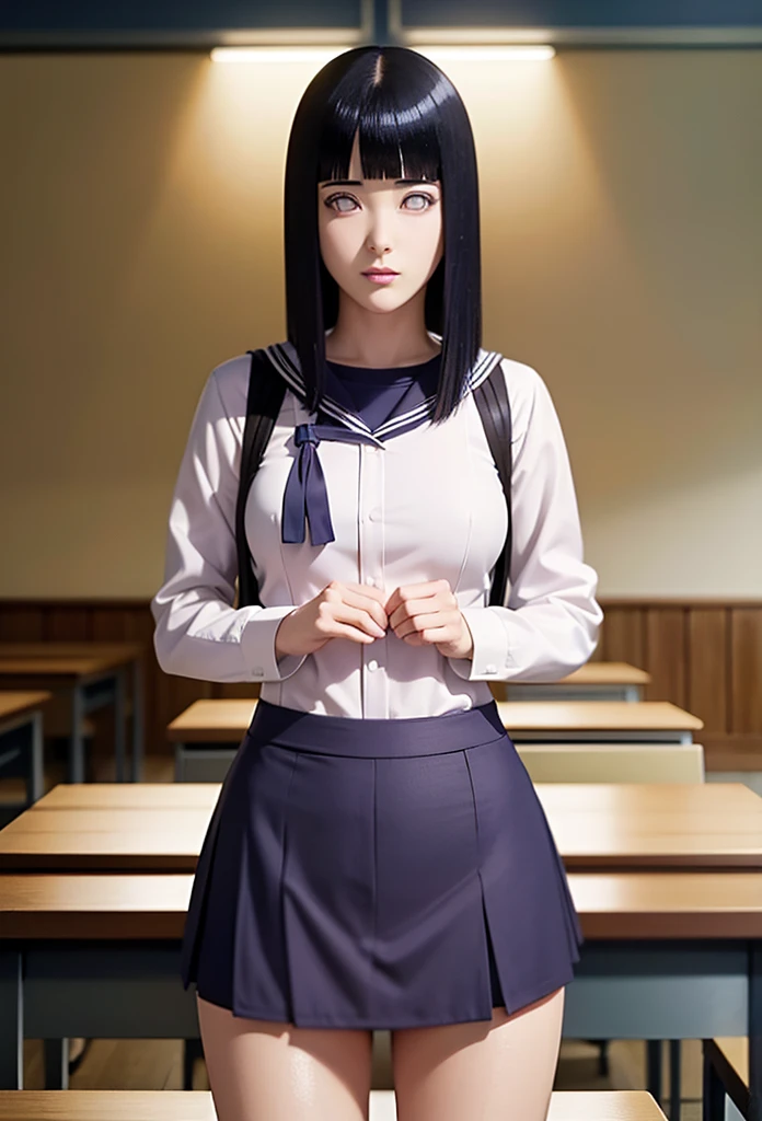 Masterpiece,Solo,One Girl,Hinata Hyuga,(Boruto),Perfect Body,Ultra High Quality,Ultra High Resolution,Photograph 16K,Theme School Girl, Sexy School Girl Suit,Short Skirt,Long Hair,Beautiful,Beautiful Woman,Classroom Background