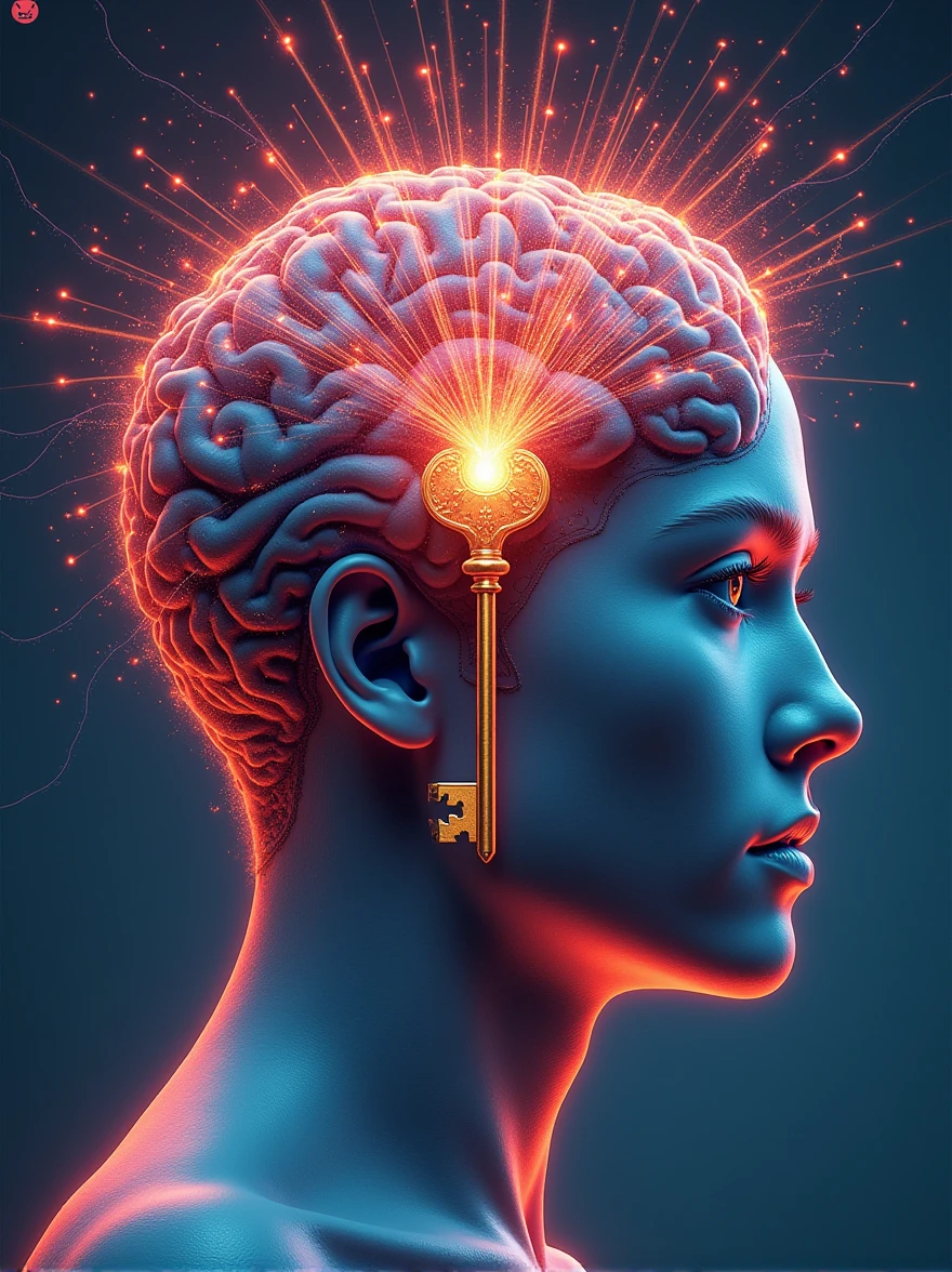 Human head ,mind being opened , by futuristic key , key to knowledge , curiosity key , with vibrant colors , bright coloured , com tons de vermelho , brain explosion , unlimited key , information brain , psyshedelic