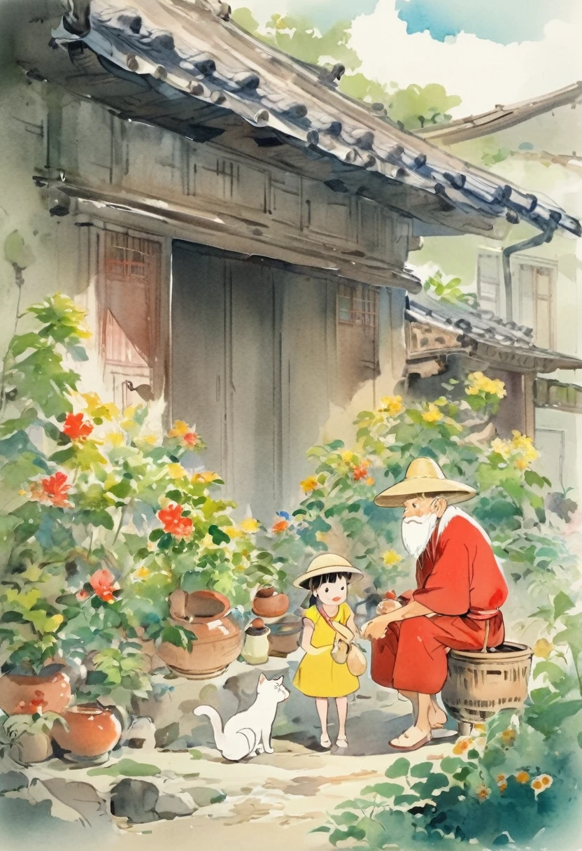 There are two roles，One is an old man sitting on a small stool，Wearing a yellow top and a wide-brimmed straw hat，Face to the left。The other is a little girl standing，Wearing red clothes，Seems to be talking to an old man。There is a kitten standing next to her.。
There are several pots of plants behind the old man.，Placed on the exterior wall of the house，Plants with flowers。There is a part of the eaves and wall on the right side，Seems to be traditional architectural style，The roof tiles are clearly visible。Warmth、Grandparents and grandchildren、Pastoral life、Simple illustrations、Quiet time。