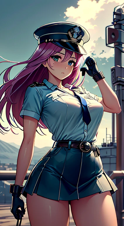 (((Perfect Anatomia, super detailed skin))), 1 girl, Japanese, Policerman, shining skin, breasts big:0.5, looking away, staring overhead, Observing the view,
cute hair, beautiful face, beautiful detailed eyes, (long hair), pink hair, bangss, hair between the eyes, Eyes green,
beautiful collarbone, Body cute, beautiful chest, beautiful thighs, beautiful legs, babyface, mole under the eye,
((Police Uniform, light blue short sleeve shirt, navy blue tie, high waist mini skirt), belt, whitegloves, police hat, shackles), seductive thighs,
(((aiming at viewer, holding pistol, handgun))), ,
(beautiful scenery), wasteland, city on fire,
8k, top-quality, masterpiece:1.2, extremely detaild),