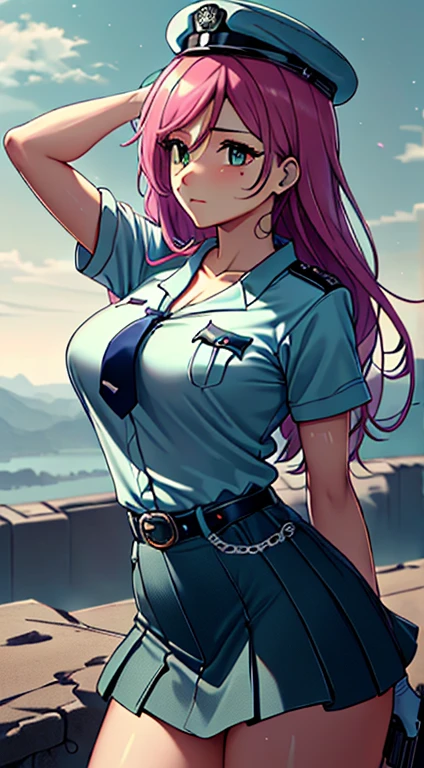 (((Perfect Anatomia, super detailed skin))), 1 girl, Japanese, Policerman, shining skin, breasts big:0.5, looking away, staring overhead, Observing the view,
cute hair, beautiful face, beautiful detailed eyes, (long hair), pink hair, bangss, hair between the eyes, Eyes green,
beautiful collarbone, Body cute, beautiful chest, beautiful thighs, beautiful legs, babyface, mole under the eye,
((Police Uniform, light blue short sleeve shirt, navy blue tie, high waist mini skirt), belt, whitegloves, police hat, shackles), seductive thighs,
(((aiming at viewer, holding pistol, handgun))), ,
(beautiful scenery), wasteland, city on fire,
8k, top-quality, masterpiece:1.2, extremely detaild),