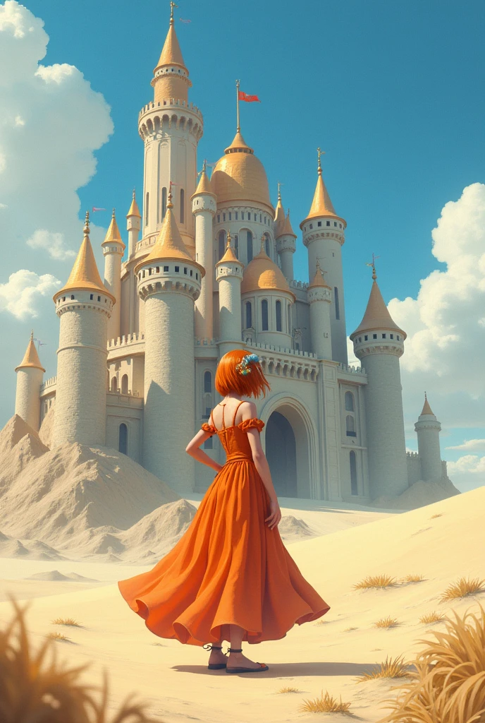 masterpiece, Best quality, One, 1 girl, orange hair, blue hair, :D, Orange dress, I look at the viewer, on open air, sand, sand dunes, A huge castle, crown, standing, whole body, cowboy shot, Hands on hips,