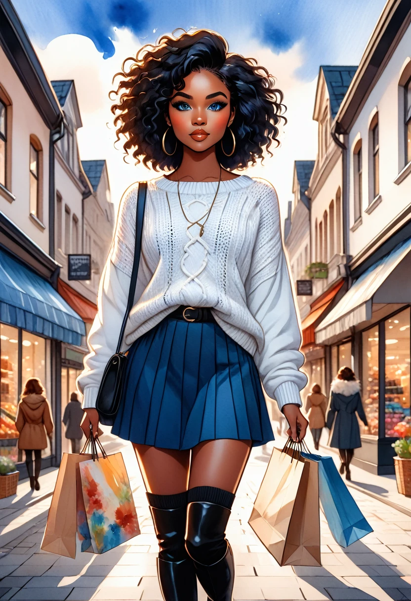 kawaii style, masterpiece, best quality, solo representation of a black woman with wavy black hair and blue eyes, looking straight at the viewer. She is wearing a white sweater paired with a black skirt and long black boots. The scene is depicted as a cartoon-style watercolor illustration. She is actively shopping, surrounded by various stores and shopping bags, creating a lively and dynamic environment.