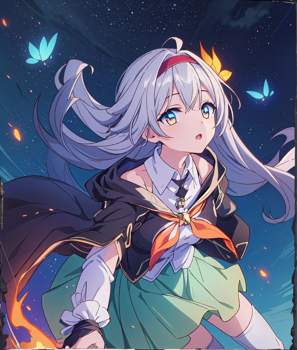 Masterpieces,wallpaper,high resolution,Official Art,Cinema lighting,One girl, Looking up at the sky:1.2,fire Fly,Black knee socks, hair band, Gradient Skirt, hair ornaments, blouse, Ruffled collar, Cropped jacket,Yellow neckerchief,((falling from the sky:1.2)),Night Sky