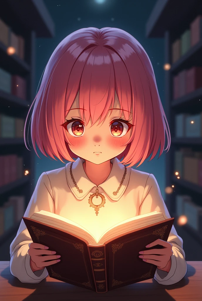 Girl with short pink shoulder length hair reading a magic book, that will transport you to a fantasy world where kings and queens exist