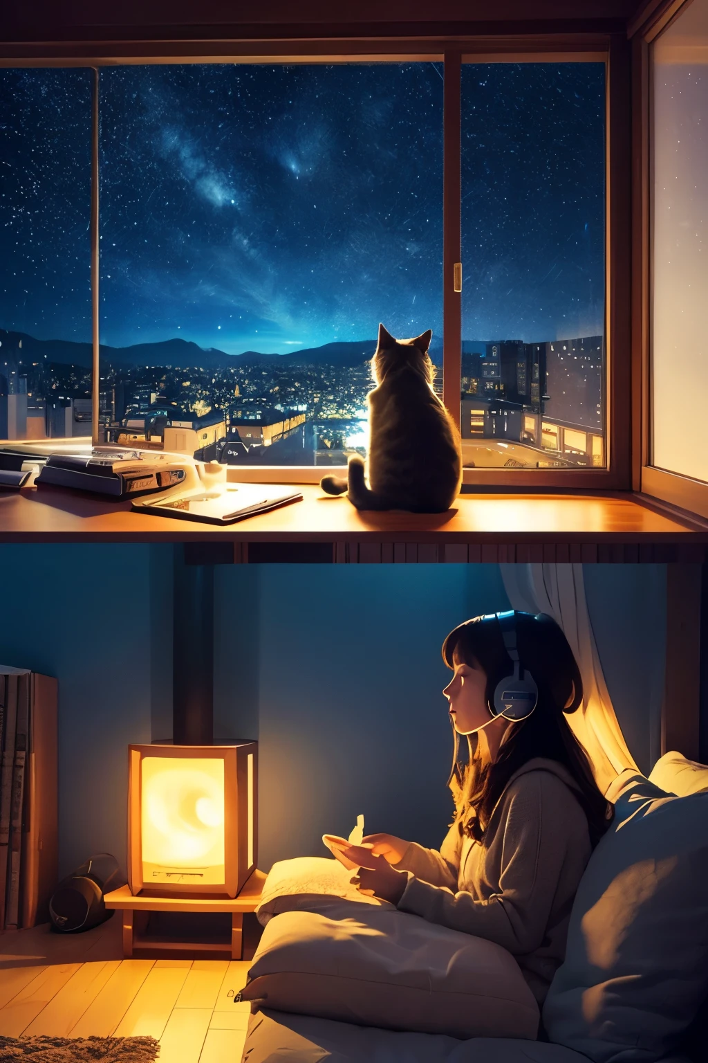 night、Girl listening to music in a cozy room、Using headphones、 Cute cats are listening to music too、3D-style animation、Ghibli style、Low-fi、Starry sky from the big windows