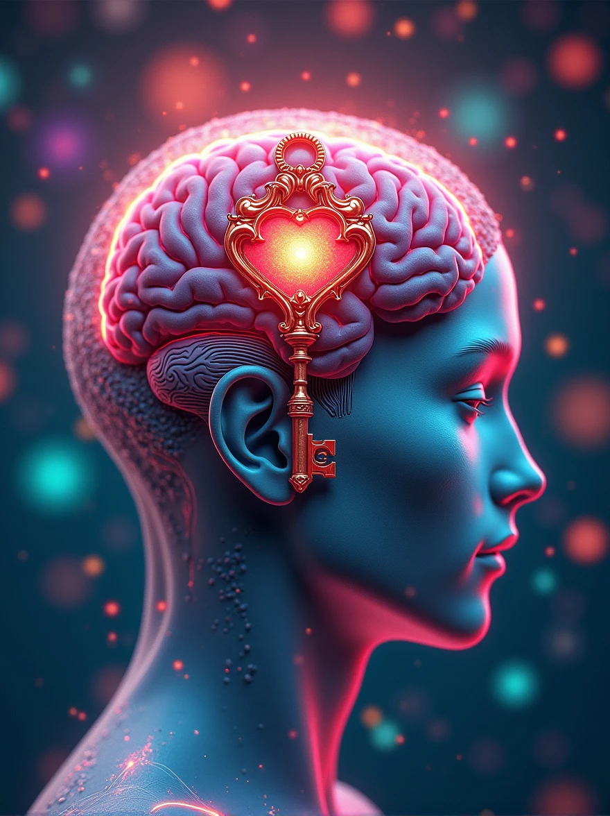 Human head ,mind being opened , by futuristic key , key to knowledge , curiosity key , with vibrant colors , bright coloured , com tons de vermelho , brain explosion , unlimited key , information brain , psyshedelic