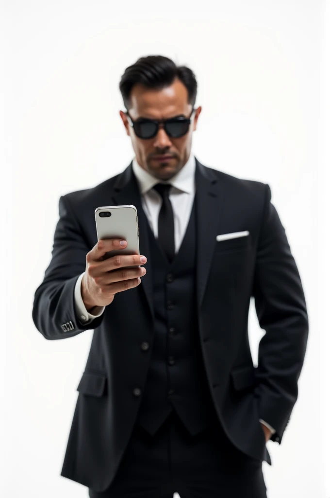 Asian strong buff man(He is strong,buff,confident, wears a suit and sunglasses and look fearless holding phone.)showing phone with white background close view