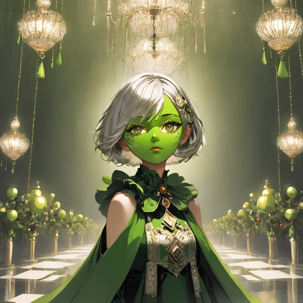1girl, 17 years old, (shiny silver hair), (Airy bob cut, bang between eyes, beautiful hair), (wearing a green masquerade with lavish decorations:2.0), glossy deep red lips, glossy silver eyes, beautiful eyes, twinkle eyes, large breast), 1 beautiful girl, cute face, beautiful face, pretty face, beautiful, best quality, good anatomy, shiny skin,