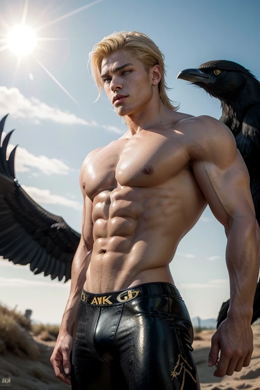 amazing illustration of the god Apolo posing, blondie hair, Perfect beauty, perfect and muscular body, ultra realisitic, {Sun, Black Snake, griffin and black crow in the background}, 8 k quality,