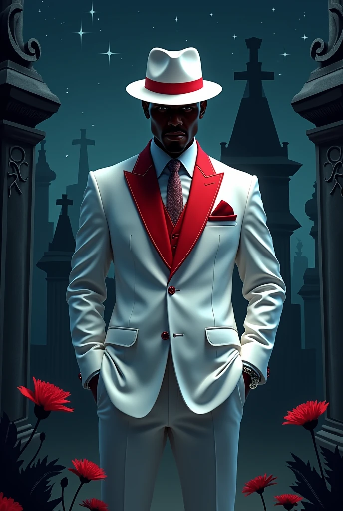 create a black guy with a hat and white suit with red details. make him behind a cemetery at night, with a sense of mystery