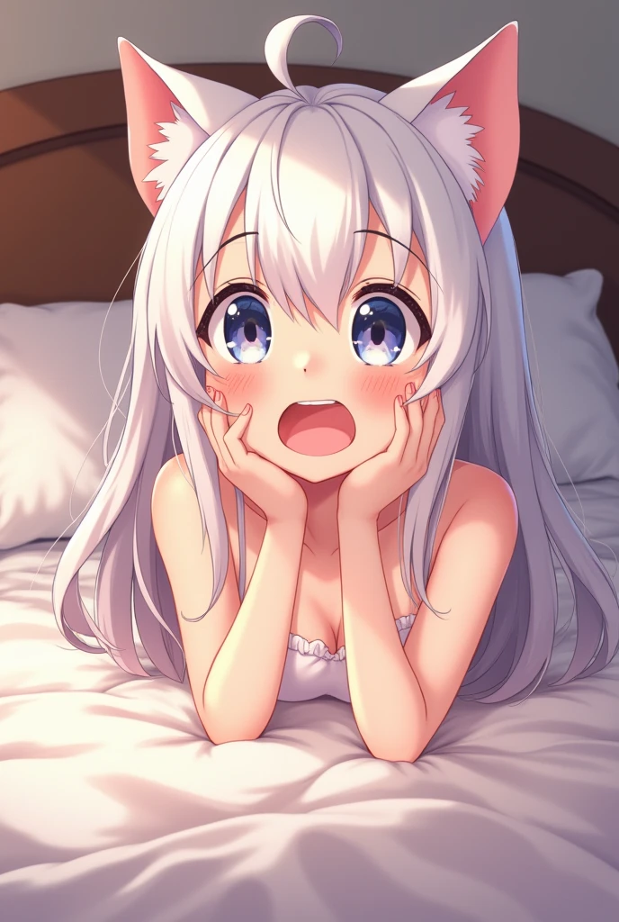 best quality,best resolution,(fluffy anthro furry :1.6),(young :1.6),cat girl,flat chests,green long hair,wavy hair,messy hair,white fur,soak armpit,light and shadow,rain,very hot,sleep in bed,two eyes closed,full face blush,happy face,smile,drool,upper body only,snore