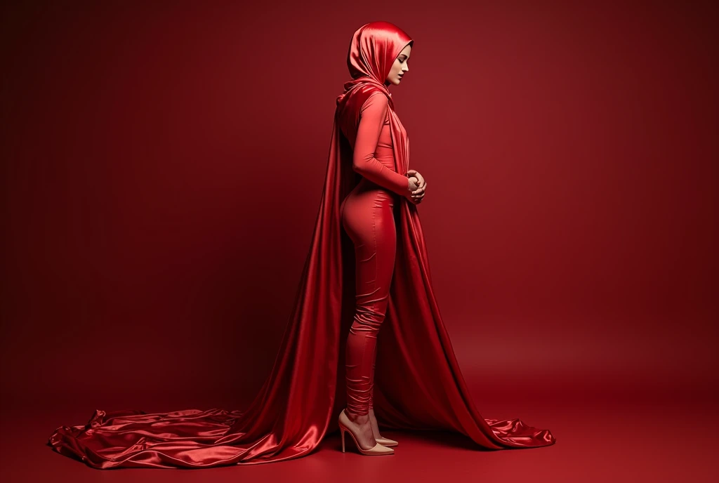 An alluring woman shrouded in a 4-meter-long, plush red satin cloth, tightly bound and grandly draping along the form of her body, flowing off into a pooled floor-length train, styled in a mermaid-inspired outfit, half naked, leg and arm tied with satin cloth, wear high heels, her head modestly veiled in a satin hijab, shiny fabric, a full-body pose conveying a sense of mysterious elegance, captured in a 4k resolution, ultra-realistic