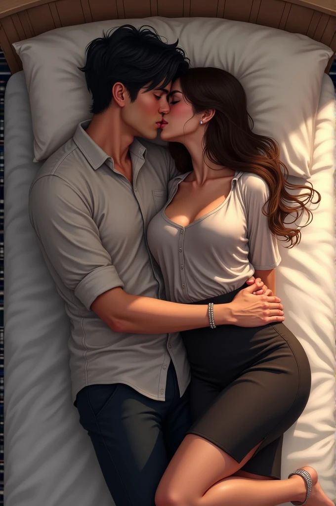 A girl and man kissing on bed