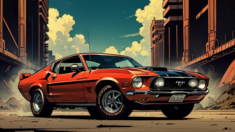 mustang mach 1 1971 vermelho, uma cidade futurista a distância, perspective, atmospheric perspective, wide shot, masterpiece, super detail, high details, high quality, best quality.